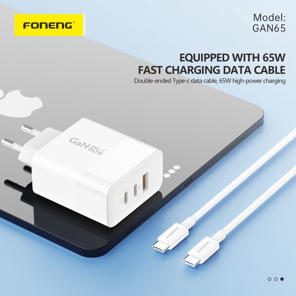 Мережевий зарядний пристрій FONENG GAN 65W A+C+C 3-Port GaN Charger 65W з кабелем type C 82330 фото