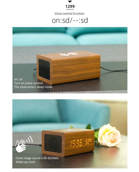 Деревянная беспроводная зарядка с Bluetooth-колонкой и часами Wood QINETIQ 10W 31091 фото