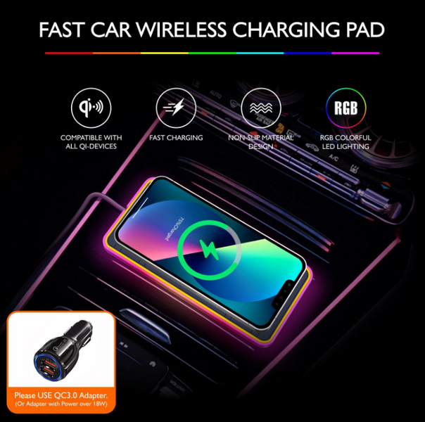Автомобильный беспроводной зарядный коврик с RGB подсветкой QINETIQ A8 RGB 15W Car Wireless Pad&Airpods 12030 фото