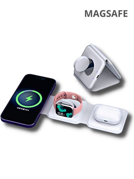 Магнітний бездротовий ЗП 3 в 1 для iPhone 13/12/Apple Watch/AirPods for Magsafing Trio Charing dock, Білий, Білий
