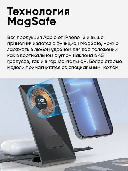Магнитное 3 в 1 беспроводное зарядное устройство Magsafe Crystal Т05 15W Qi для iPhone 14, 13, 12 Pro Max и Airpods Pro 22160 фото