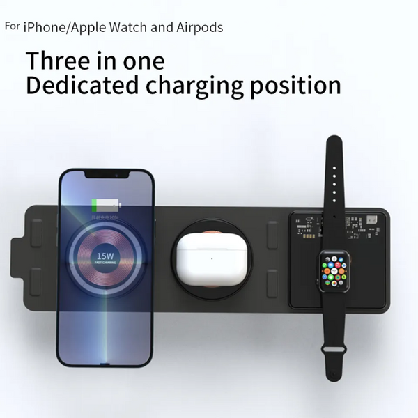 Бездротова Зарядна Станція 3 в 1 для iPhone, apple watch та навушників Magsafe Crystal Т01 15W складний дизайн 22150 фото