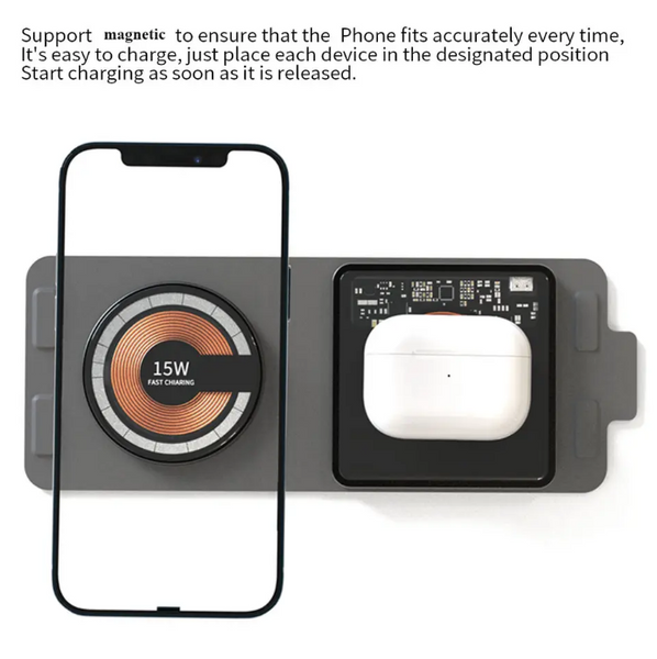 Бездротова Зарядна Станція Qinetiq 2 в 1 для iPhone та навушників Magsafe T03 15W, складний дизайн 21130 фото