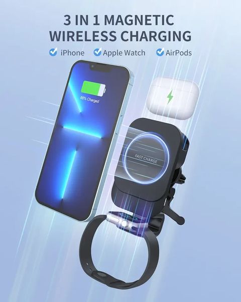 Автотримач із бездротовою магнітною зарядкою 3в1 Magsafe S12 15W для смартфона iPhone 12/15 AirPods/Watch 13060 фото
