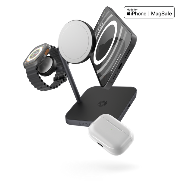 Беспроводная зарядная док-станция 4в1 Magsafe Qi2 для Apple iPhone/iWatch/AirPods Zens Black с адаптером 65W