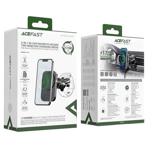 Автодержатель с беспроводной зарядкой Acefast 2in1 D18 17.5W для Apple Phone 12/15 + Apple Watch 2-9 13075 фото