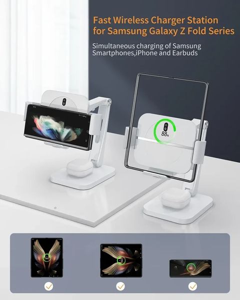 Настольная беспроводная зарядка, подставка 2 в 1 PSE 30W для Samsung Z Fold 2-4, Flip, iPhone, AirPods 23020 фото