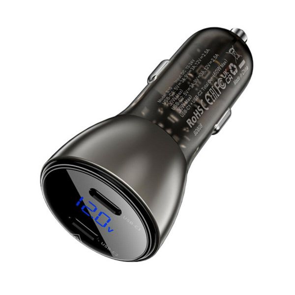 Автомобильное зараядное устройство в прикуриватель ACEFAST B10 metal car charger 60W (USB-C + USB-C) with digital display Black AFB10 фото