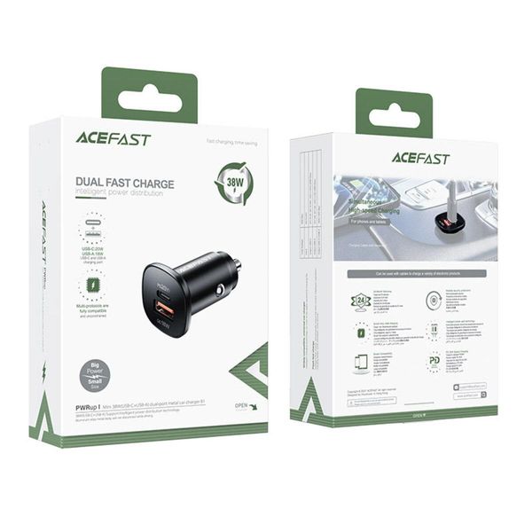Автомобильное зараядное устройство в прикуриватель ACEFAST B1 mini 38W(USB-C+USB-A) dual-port metal car charger AFB1B фото