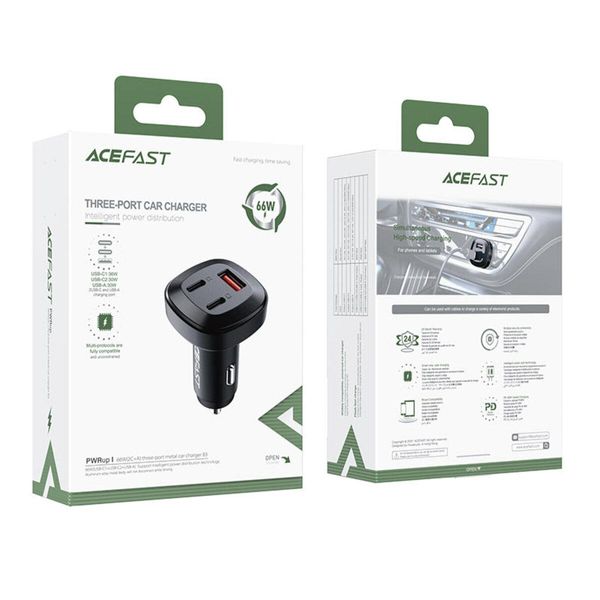 Автомобільний зарядний пристрій ACEFAST B3 66W(USB-C+USB-C+USB-A) three-port metal car charger AFB3B фото