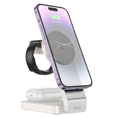 Беспроводное Зарядное Устройство Hoco CQ3 3-in-1 Magnetic 15W для iPhone 12/15, Apple Watch 1-9, AirPods белая 6942007602341 фото